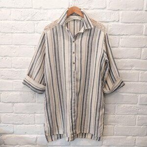 ZARA 100% Linen Shirt Dress L Blue White Striped Button Knee Length Kaftan Tunic